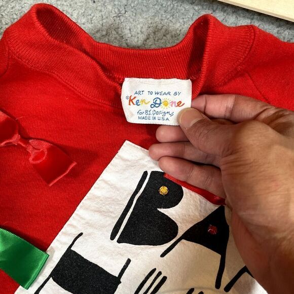 Vintage Bah Hum Bug Holiday Christmas Sweater Adult Pullover Red Ken Done Small - Picture 4 of 8